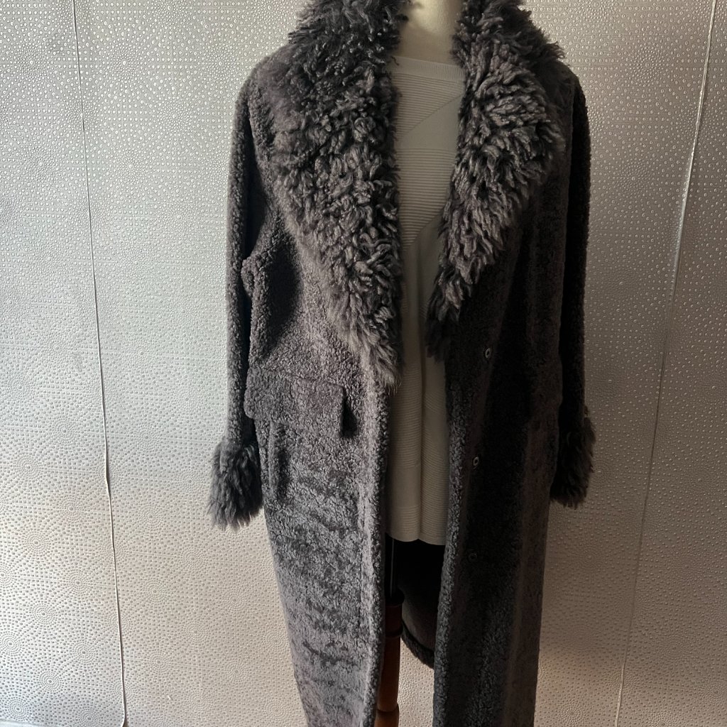 Unbranded Womens Gray Dyed Shearling Lamb Flap Pockets Long Overcoat Size 46